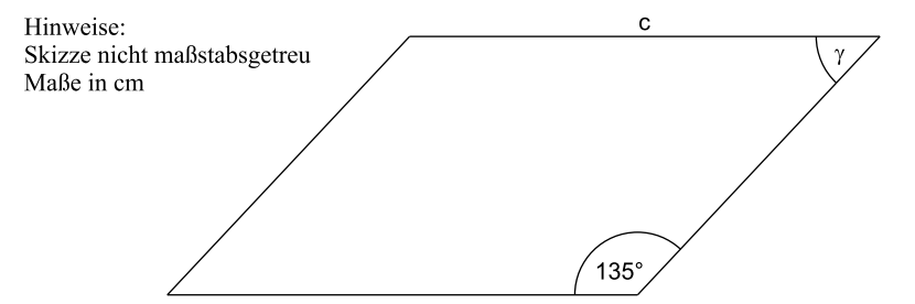 Skizze eines Parallelogramms mit Winkelangaben und Maß c in cm.
